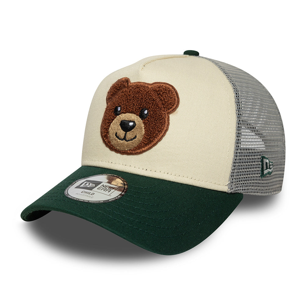 New Era Kinder A-Frame Trucker Cap - Boucle Bear - Cremefarben-Dunkelgrün