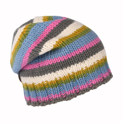 Kusan Button Down Beanie Mütze gestreift - Hellblau-Rosa-Creme