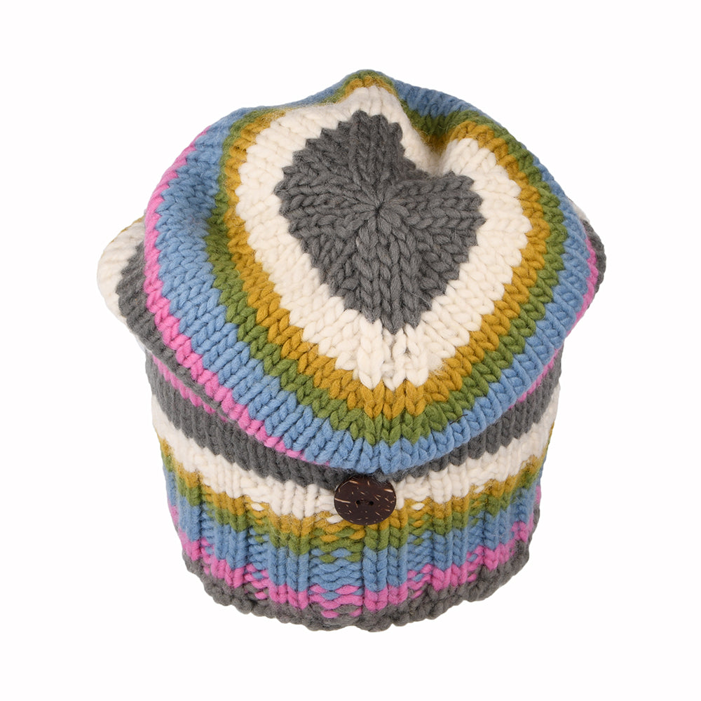 Kusan Button Down Beanie Mütze gestreift - Hellblau-Rosa-Creme