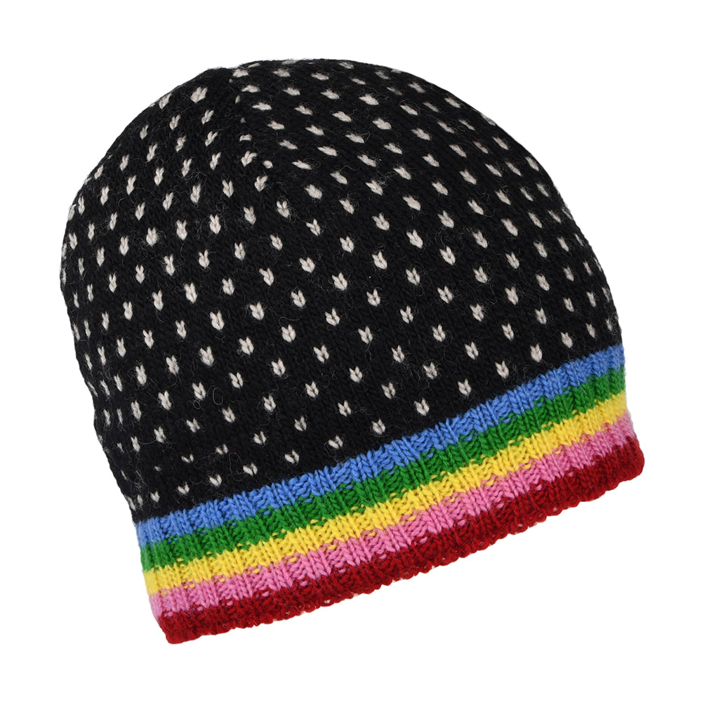 Kusan Brooklyn Fine Gauge Blume Beanie Mütze - Schwarz-Multi