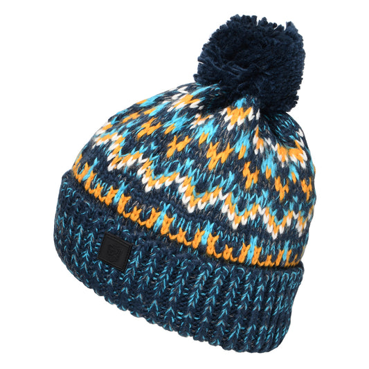 Failsworth Arctic Bommelmütze Fair Isle - Marineblau-Blau-Gelb