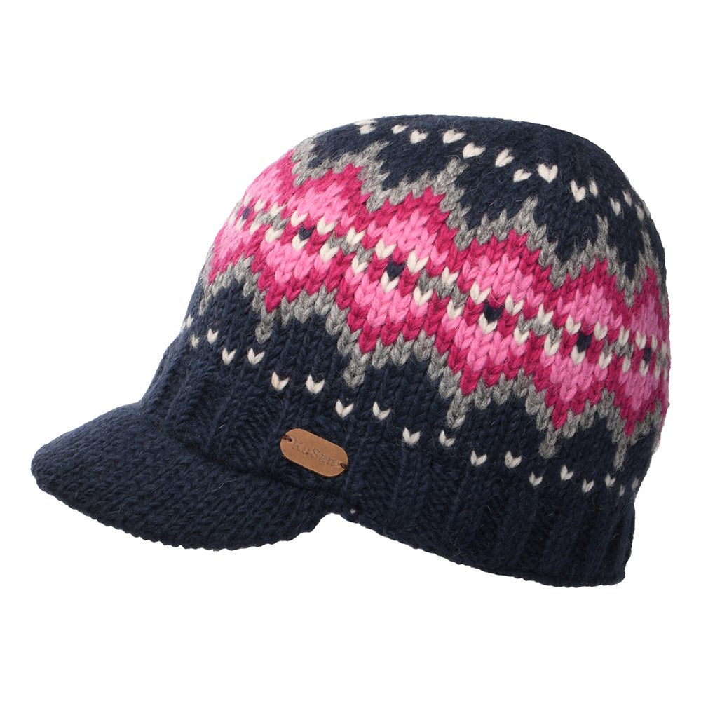 Kusan Brooklyn Beanie Mütze mit Visier Fair Isle - Marineblau-Pink