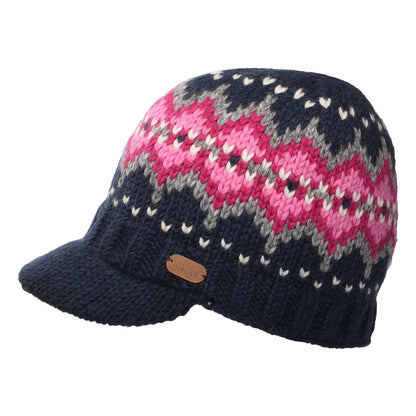 Kusan Brooklyn Beanie Mütze mit Visier Fair Isle - Marineblau-Pink