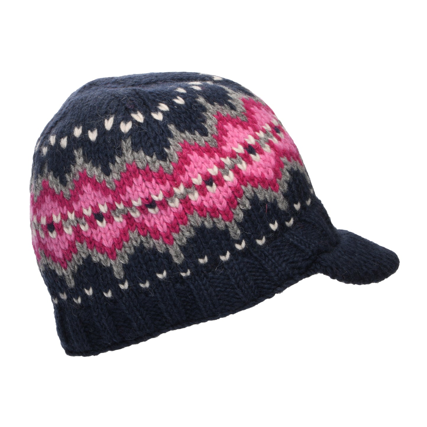 Kusan Brooklyn Beanie Mütze mit Visier Fair Isle - Marineblau-Pink