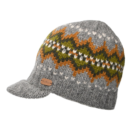 Kusan Brooklyn Beanie Mütze mit Visier Fair Isle - Grau-Olivgrün