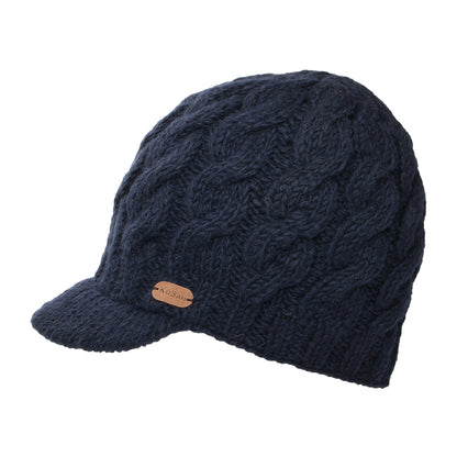 Kusan Beanie Mütze mit Visier im Zopfstrickmuster - Marineblau