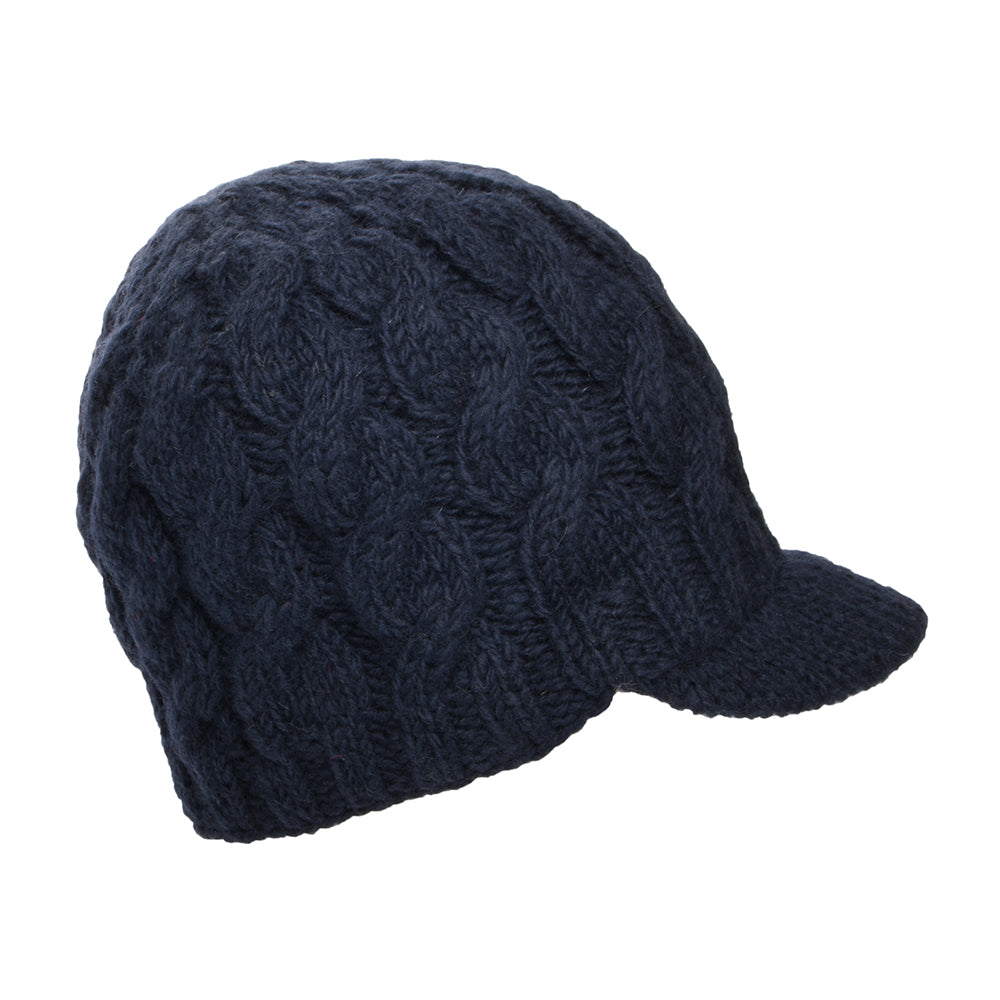 Kusan Beanie Mütze mit Visier im Zopfstrickmuster - Marineblau