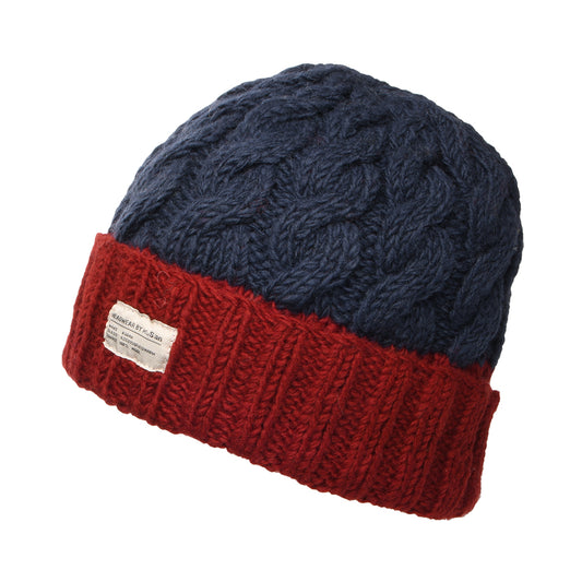 Kusan 2-Tone Turn Up Beanie Mütze mit Zopfstrickmuster - Marineblau-Rot