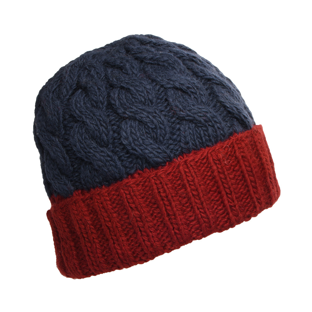 Kusan 2-Tone Turn Up Beanie Mütze mit Zopfstrickmuster - Marineblau-Rot