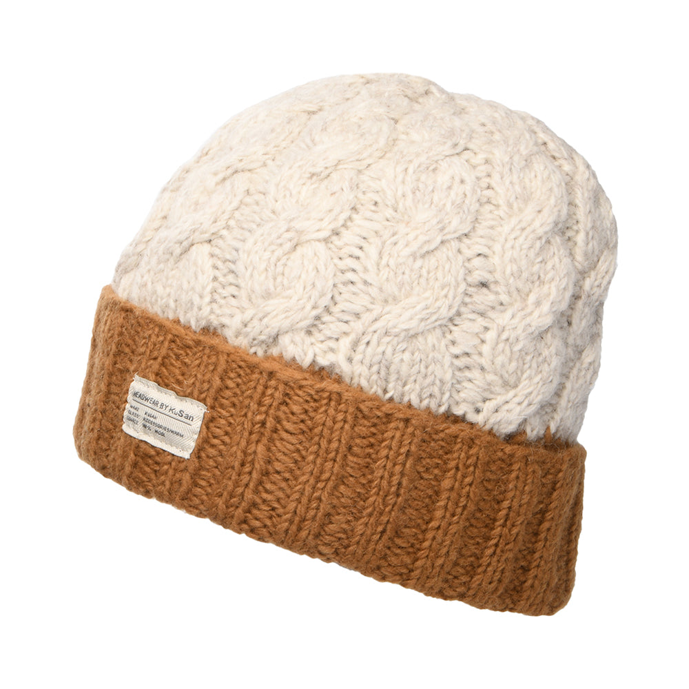 Kusan 2-Tone Turn Up Beanie Mütze mit Zopfstrickmuster - Cremefarben-Toffee