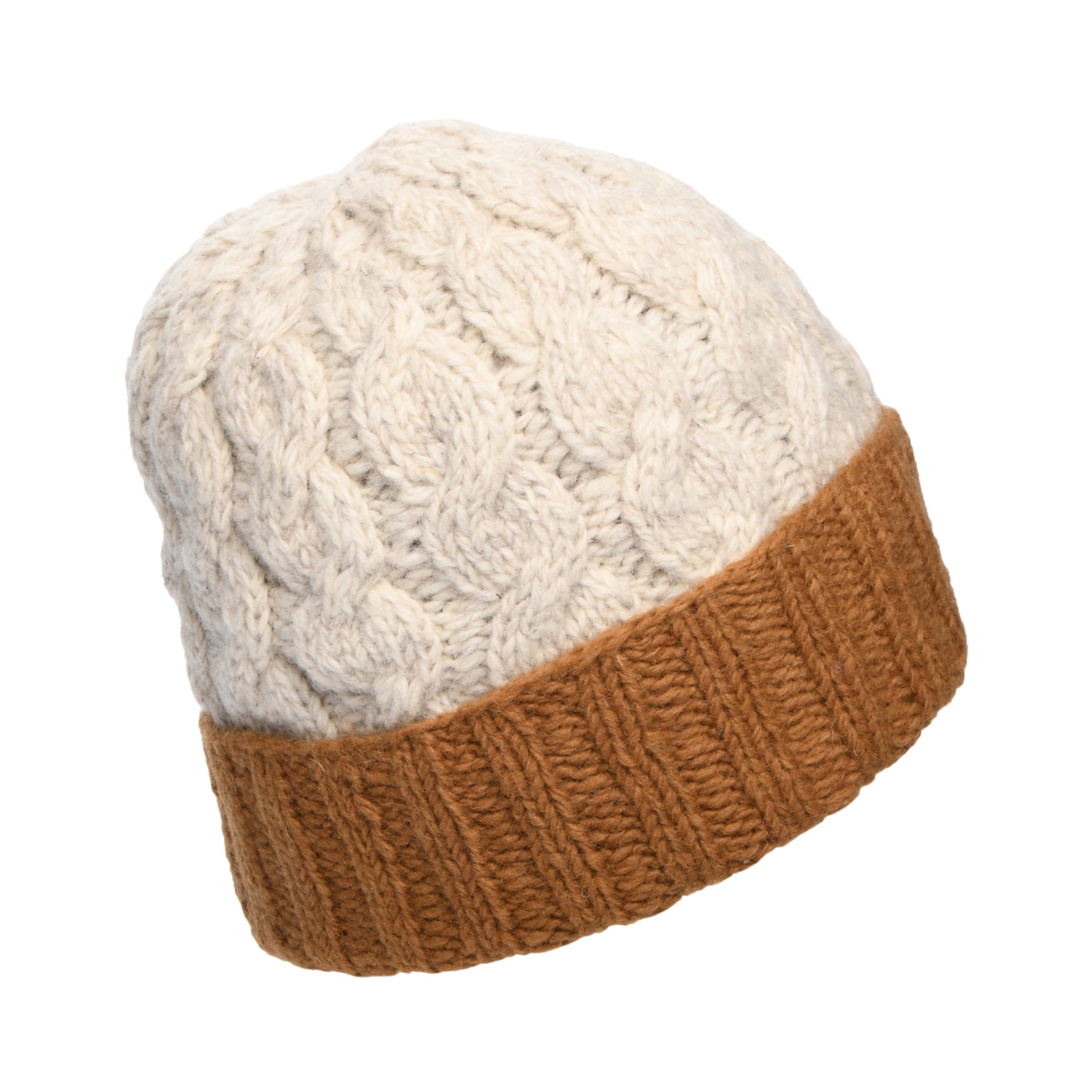 Kusan 2-Tone Turn Up Beanie Mütze mit Zopfstrickmuster - Cremefarben-Toffee