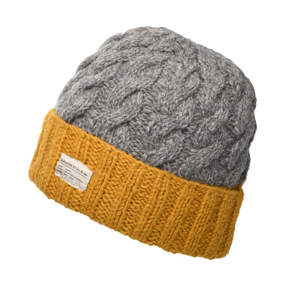 Kusan 2-Tone Turn Up Beanie Mütze mit Zopfstrickmuster - Grau-Gelb