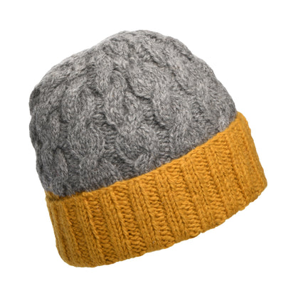 Kusan 2-Tone Turn Up Beanie Mütze mit Zopfstrickmuster - Grau-Gelb