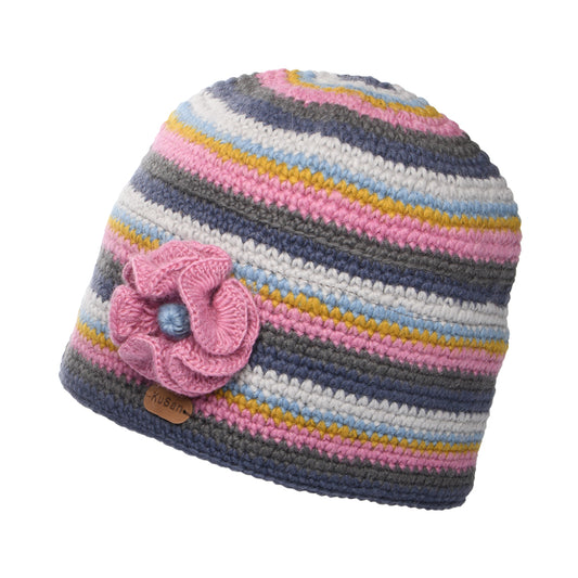 Kusan Gehäckelte Blume Beanie Mütze - Grau-Pink
