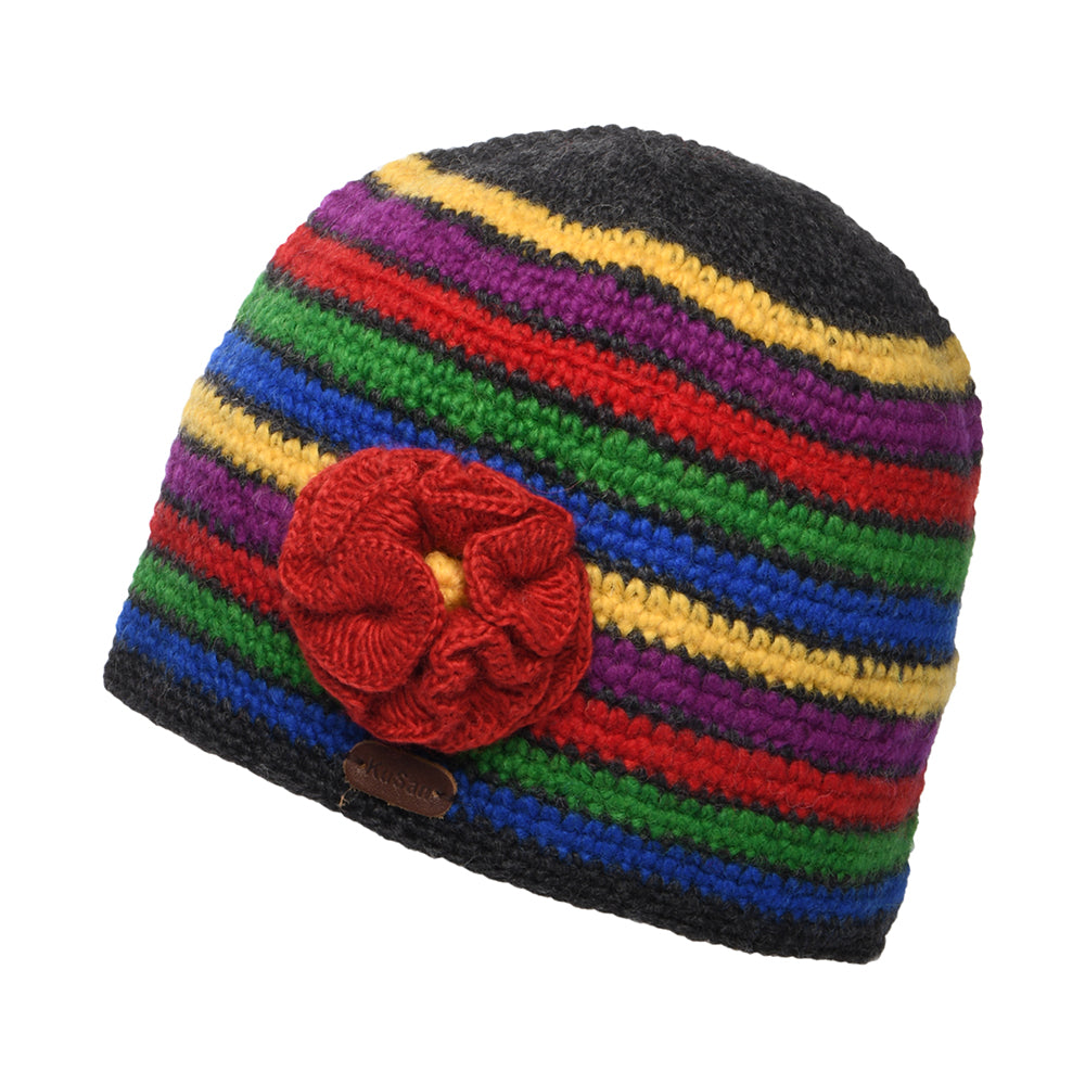 Kusan Gehäckelte Blume Beanie Mütze - Anthrazit-Rot