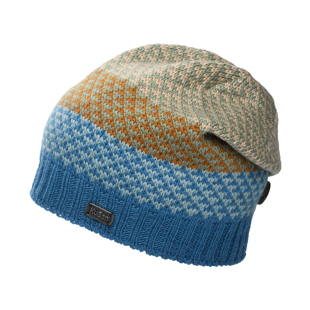 Kusan Button Down Beanie Mütze Jacquard - Blau-Creme