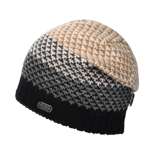 Kusan Button Down Beanie Mütze Jacquard - Schwarz-Creme
