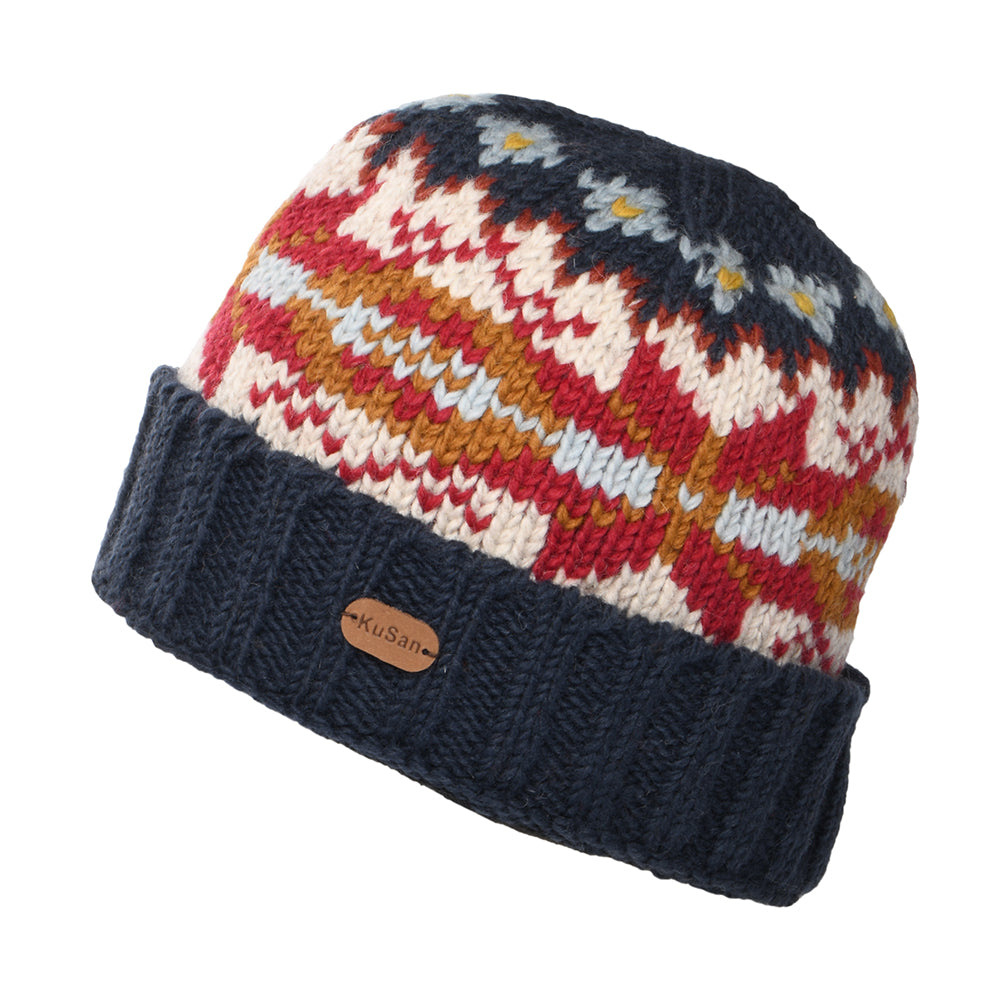 Kusan Schneeflocke Turn Up Beanie Mütze - Blau-Senfgelb