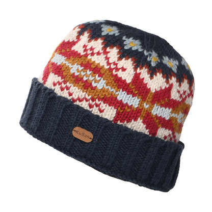 Kusan Schneeflocke Turn Up Beanie Mütze - Blau-Senfgelb