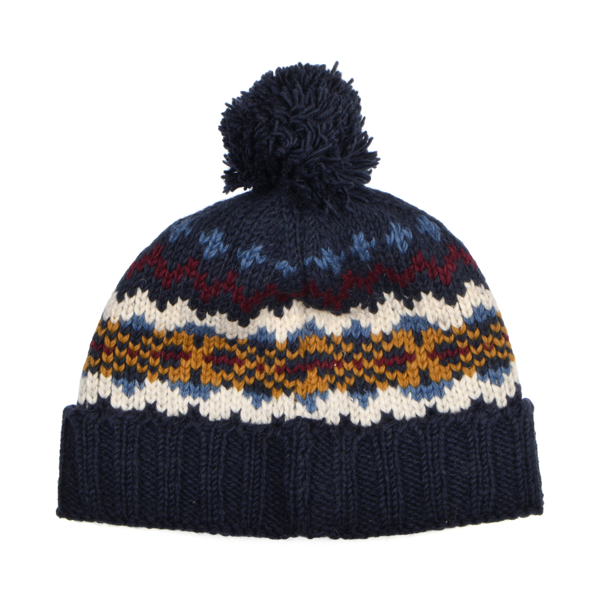 Kusan Cuffed Bommelmütze Fair Isle - Marineblau-Multi