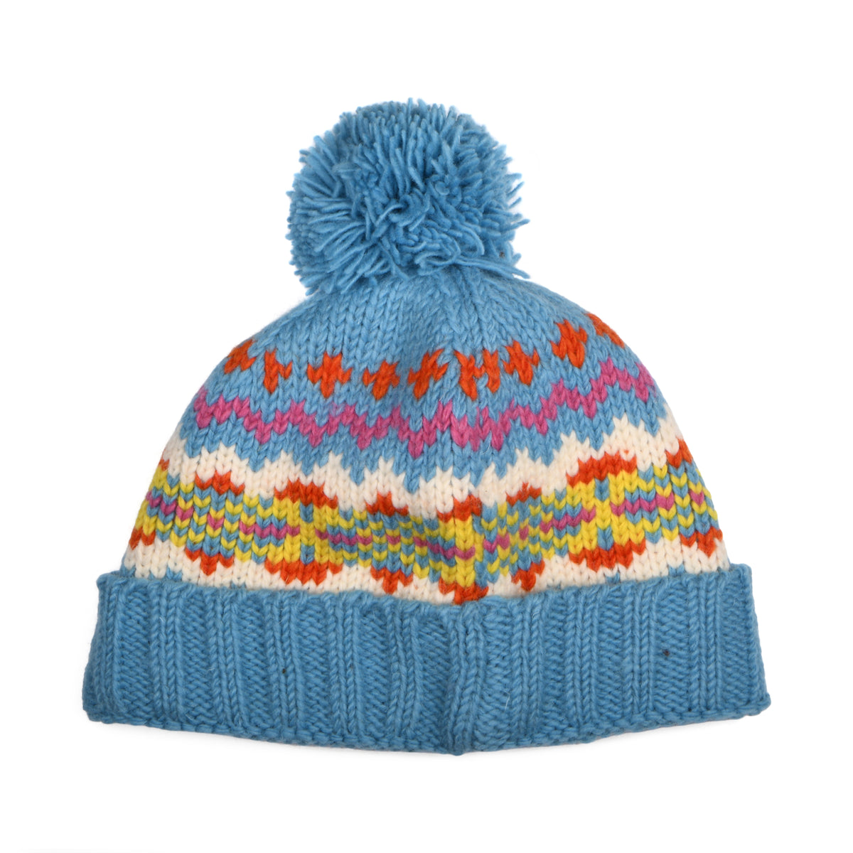 Kusan Cuffed Bommelmütze Fair Isle - Himmelblau-Multi