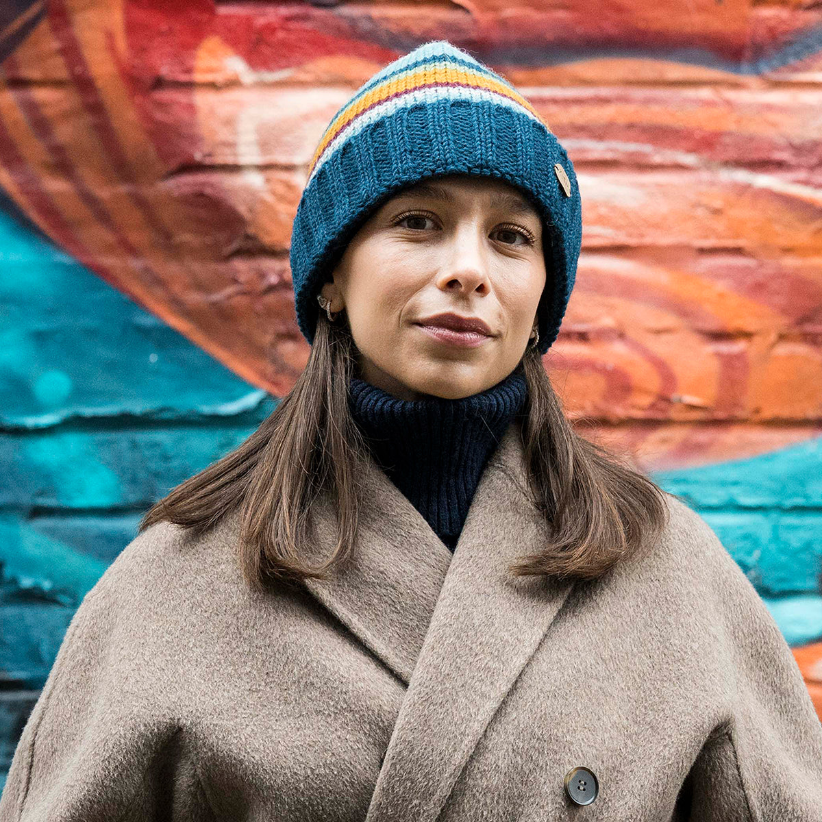 Kusan Turn Up Beanie Mütze gestreift - Petrol-Multi