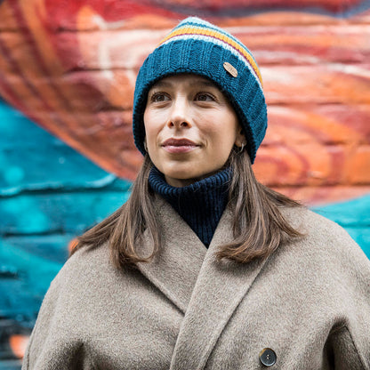 Kusan Turn Up Beanie Mütze gestreift - Petrol-Multi