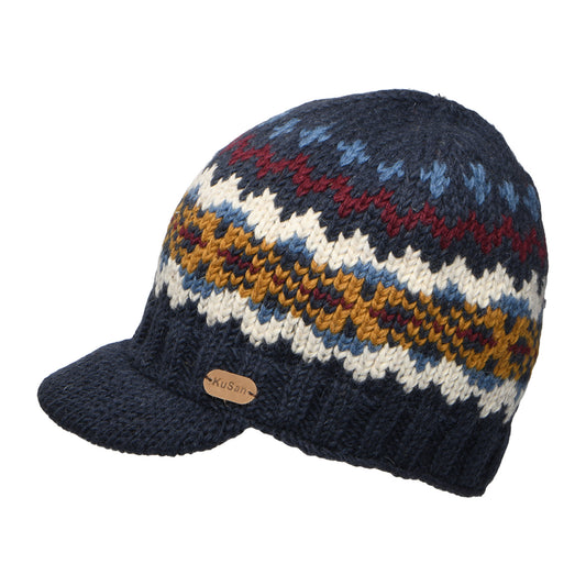 Kusan Brooklyn Beanie Mütze mit Visier Fair Isle - Marineblau-Multi