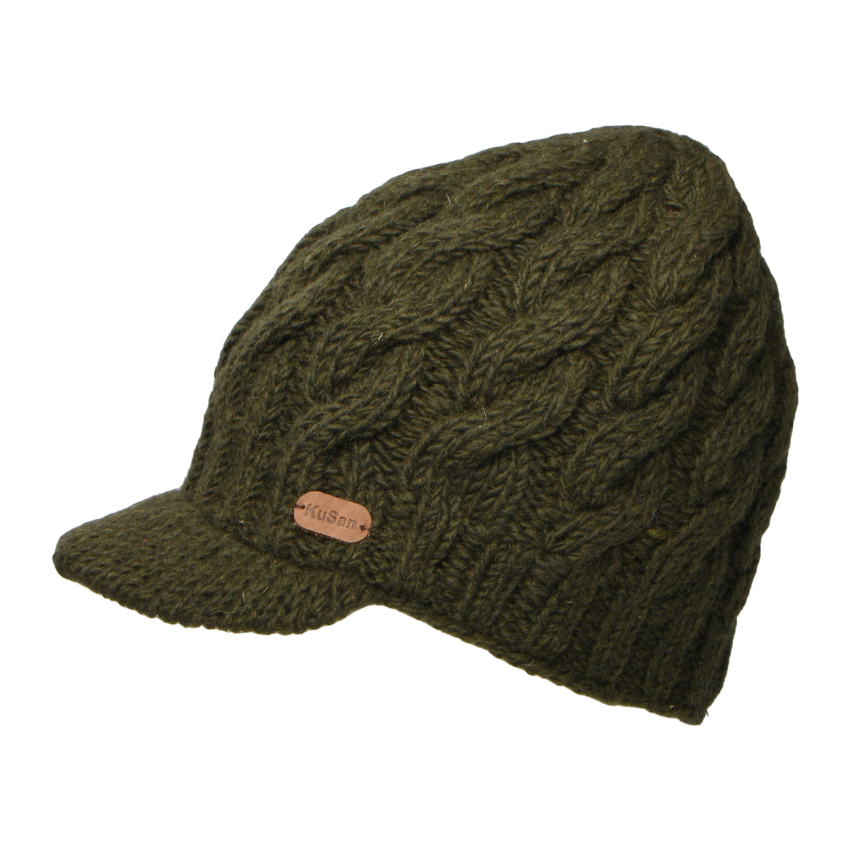Kusan Beanie Mütze mit Visier im Zopfstrickmuster - Olivgrün