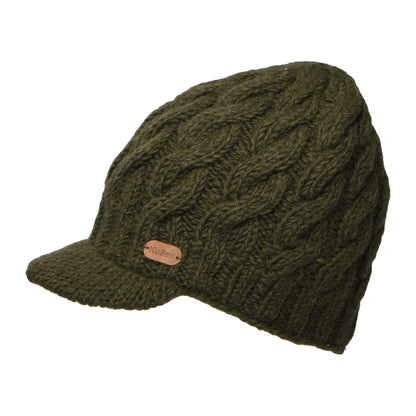 Kusan Beanie Mütze mit Visier im Zopfstrickmuster - Olivgrün