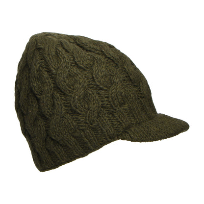 Kusan Beanie Mütze mit Visier im Zopfstrickmuster - Olivgrün