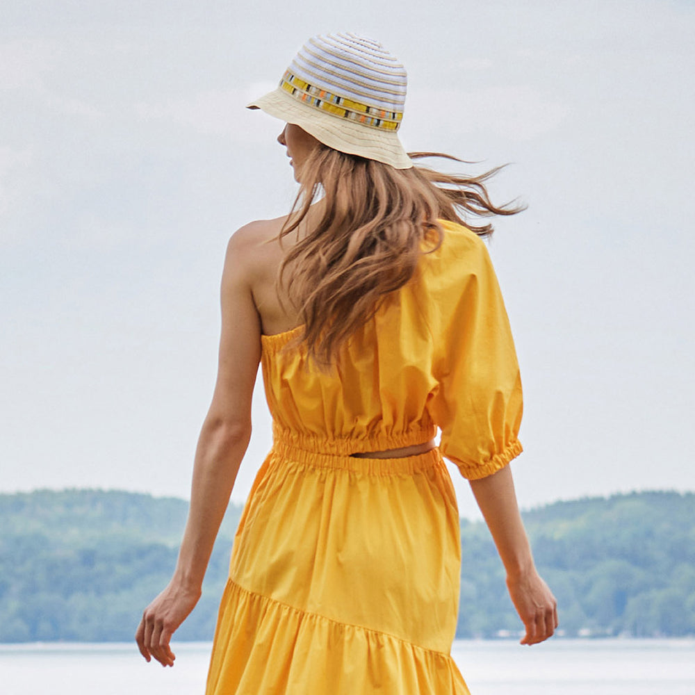 Seeberger Packbarer Glockenhut gestreift - Weiß-Creme