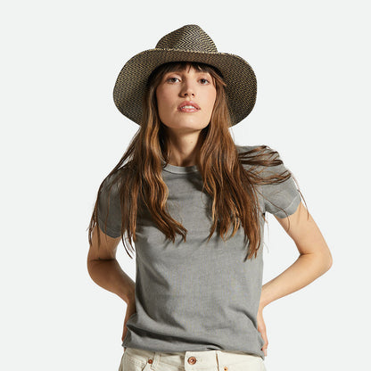 Brixton Carolina Knautschbarer Fedora Hut mit Fischgrätmuster aus Toyo Stroh - Schwarz-Natur