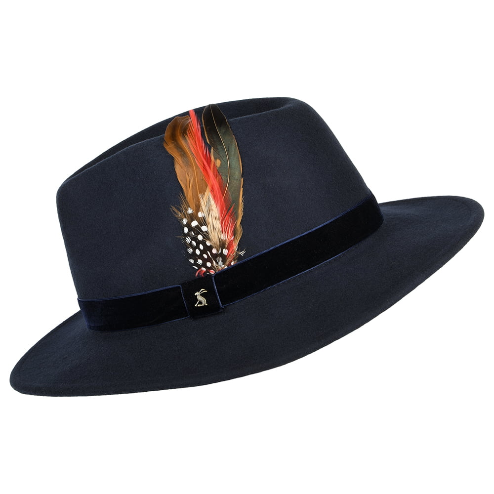 Joules Fedora Hut aus Wollfilz mit Samt-Hutband II - Marineblau