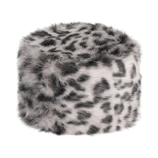 Helen Moore Winter Pillbox Hut aus Kunstfell - Graues Leopardenmuster