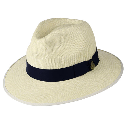 Christys Superfine mit heruntergeklappter Krempe Panama Fedora Hut und Marineblauem Hutband - Semi-Gebleicht