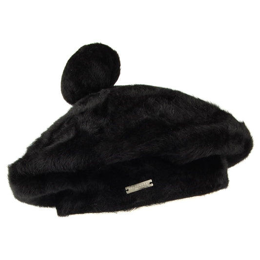 Seeberger Baskenmütze mit Bommel aus Fell - Schwarz