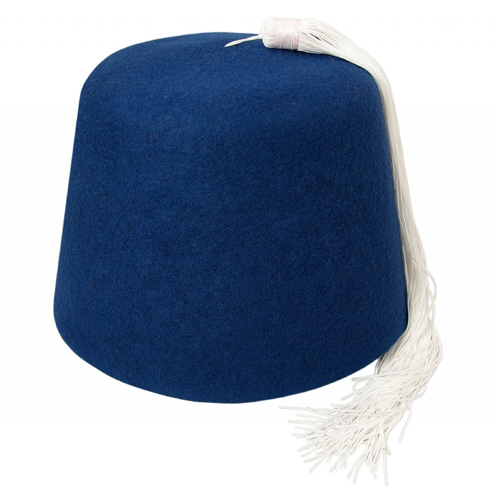 Village Hats Blauer Fez Hut mit Weißer Troddel