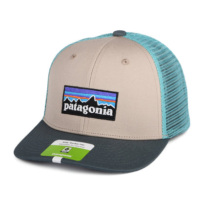 Patagonia Kinder P-6 Logo Trucker Cap aus organischer Baumwolle - Hellbraun-Blau-Grau