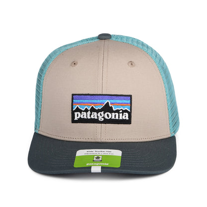 Patagonia Kinder P-6 Logo Trucker Cap aus organischer Baumwolle - Hellbraun-Blau-Grau