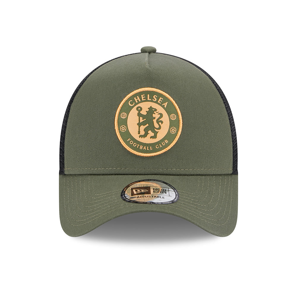 New Era A-Frame Chelsea FC Trucker Cap - Seasonal Lion Crest - Olivgrün-Schwarz
