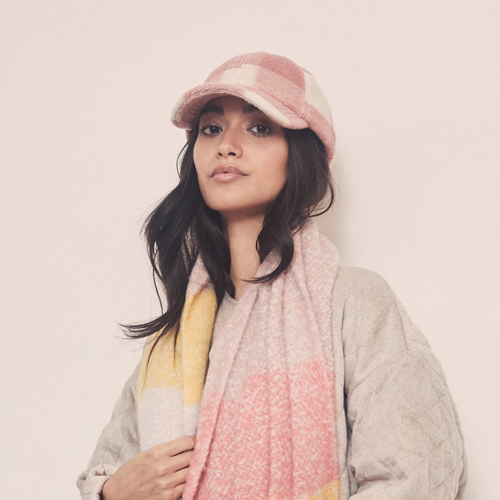 Seeberger Winter Baseball Cap Kariert aus Wollmischung - Rosa-Cremeweiß