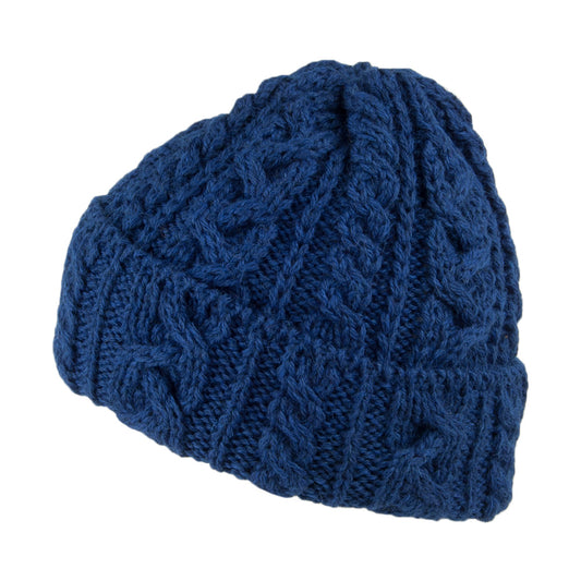 Highland 2000 Cuffed Beanie Mütze mit Zopfstrickmuster aus Englischer Wolle - Blau
