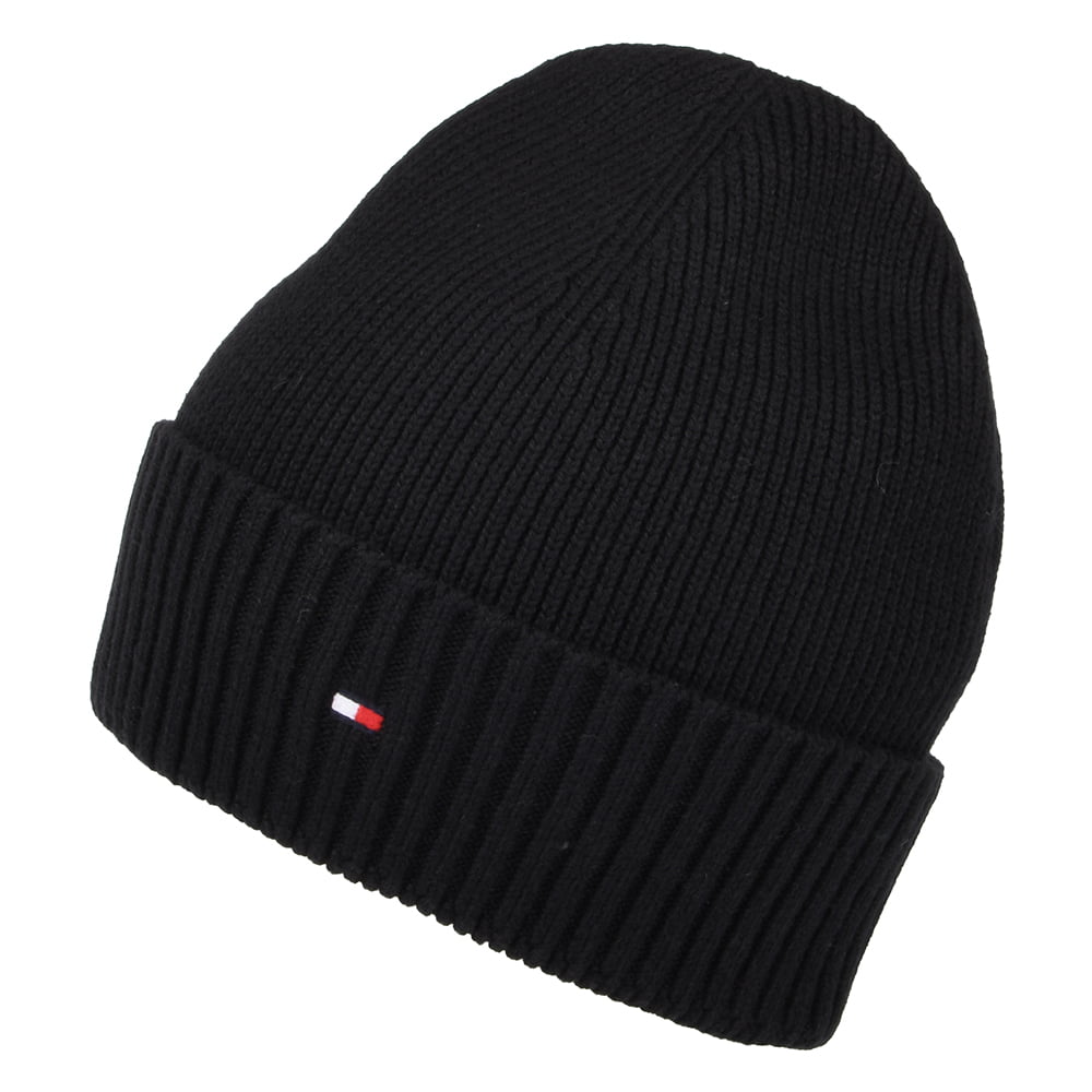 Tommy Hilfiger Pima Essential Flag Beanie Mütze aus Baumwoll-Kaschmir - Schwarz