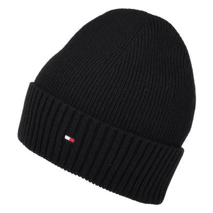 Tommy Hilfiger Pima Essential Flag Beanie Mütze aus Baumwoll-Kaschmir - Schwarz