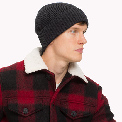 Tommy Hilfiger Pima Essential Flag Beanie Mütze aus Baumwoll-Kaschmir - Schwarz