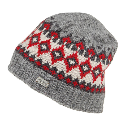 Kusan Beanie Mütze Fine Gauge im Feinstrickmuster - Grau-Rot