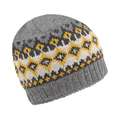 Kusan Beanie Mütze Fine Gauge im Feinstrickmuster - Grau-Gelb