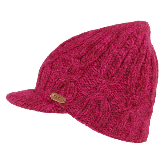 Kusan Beanie Mütze mit Visier im Zopfstrickmuster - Rosa