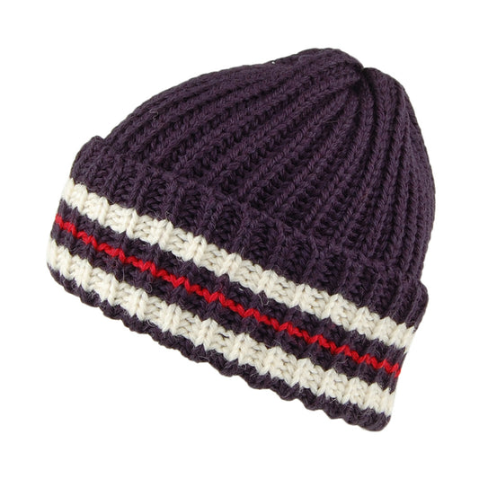 Highland 2000 Gestreifte Beanie Mütze aus Aus englischer Wolle - Marineblau-Rot